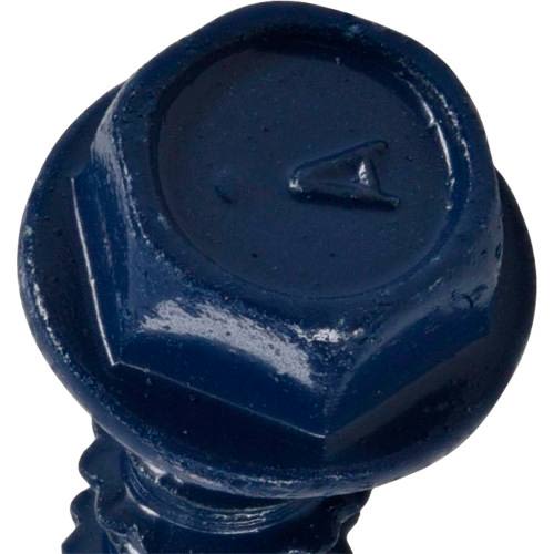 Close-up of a blue coated hex washer-head fastener for hardware and home improvement applications.
