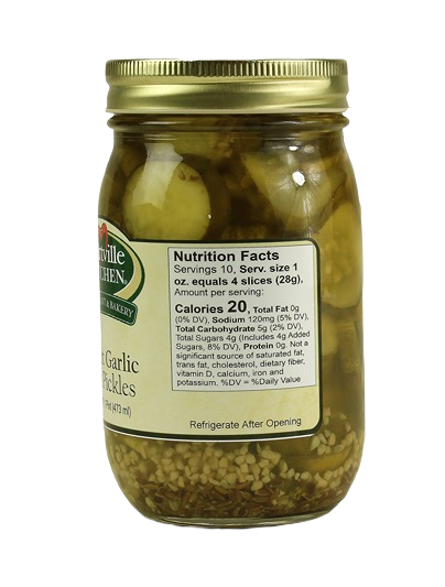 Glass jar of Hartville Kitchen sweet garlic dill pickles with gold lid, part of Fruits & Vegetables under $25 collection