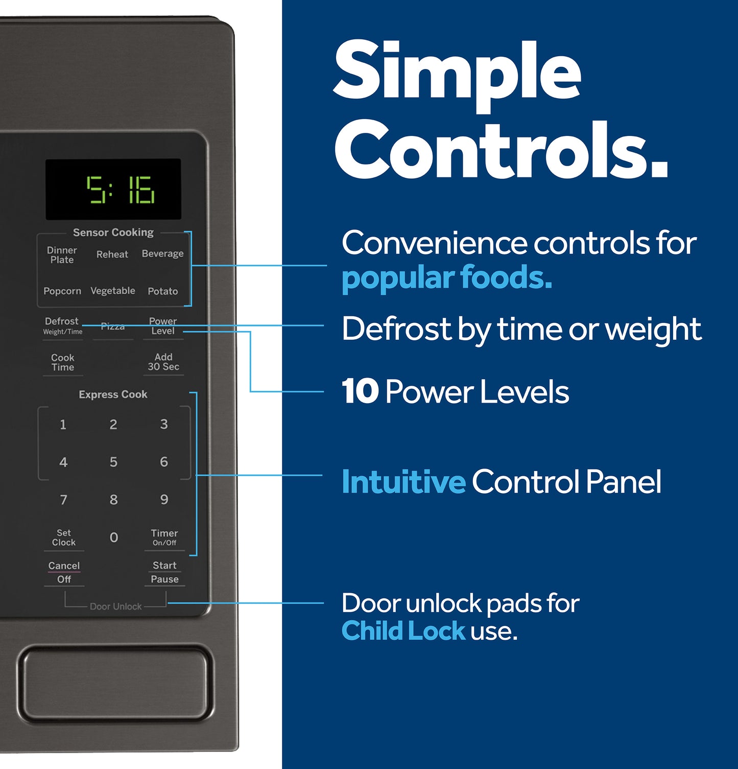 Close-up of microwave control panel displaying sensor cooking options, power levels, child lock, and express cook functions