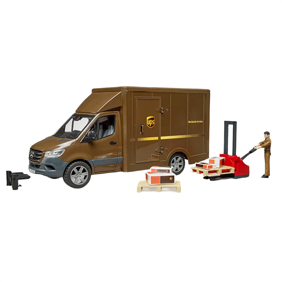 Brown miniature UPS delivery van toy with driver figure, pallet jack, and assorted packages in Bruder Toys collection