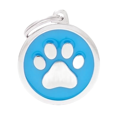 Light blue circular pet ID tag with silver paw print design and metal attachment ring for pet identification