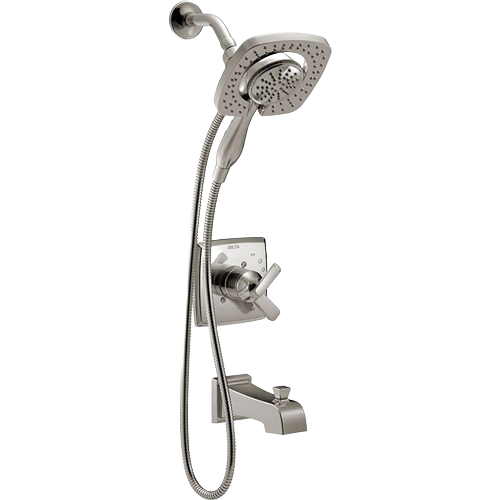 Stainless steel shower trim set with square showerhead, handheld sprayer, control valve, and tub spout for home improvement projects