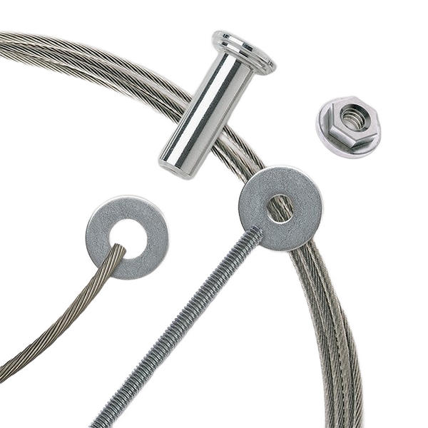 Stainless steel cable rail assembly components including cable, washers, threaded bolt, nut, and barrel fitting for wood posts.