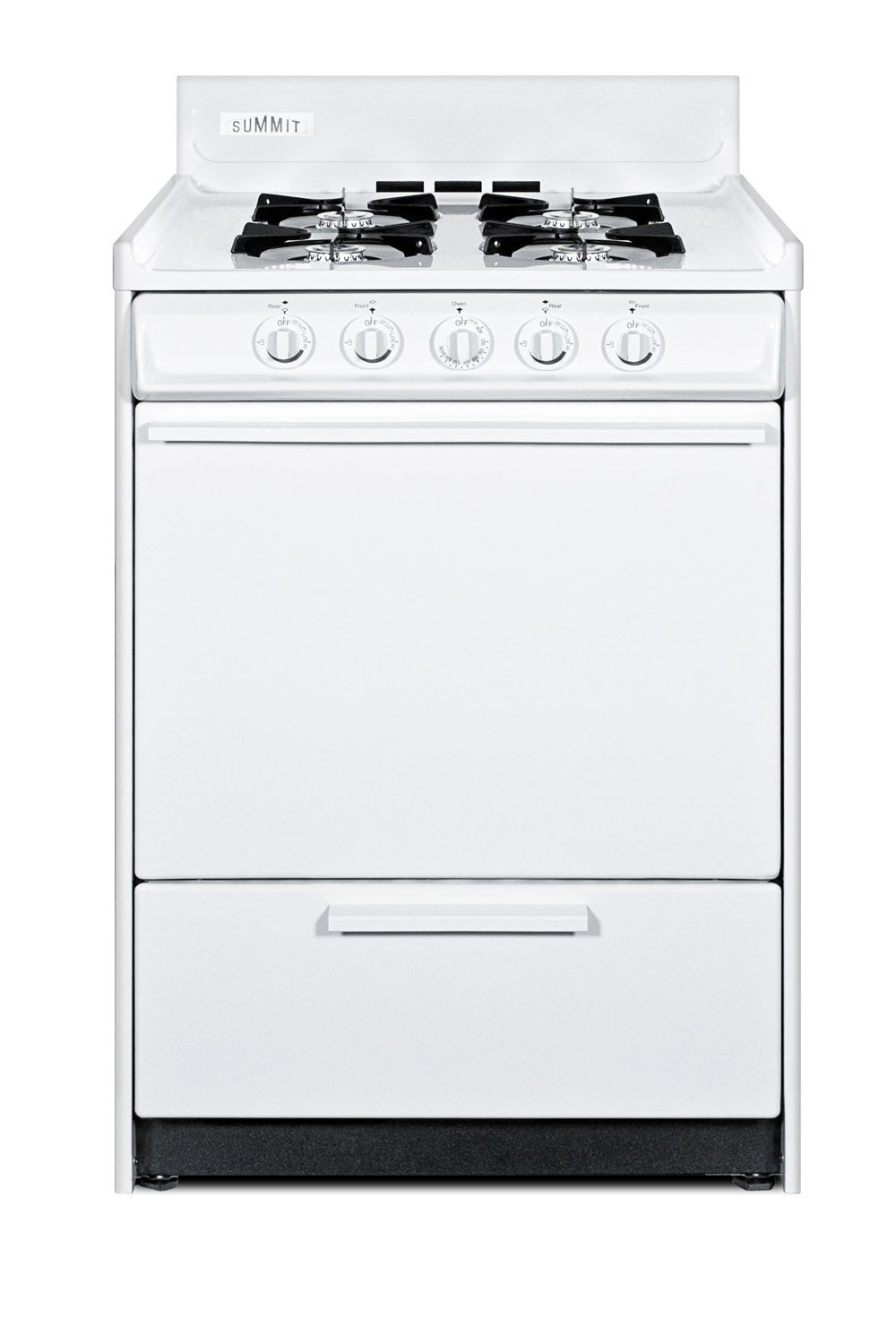 Compact white gas range with four burners and control knobs for kitchen and appliance collections