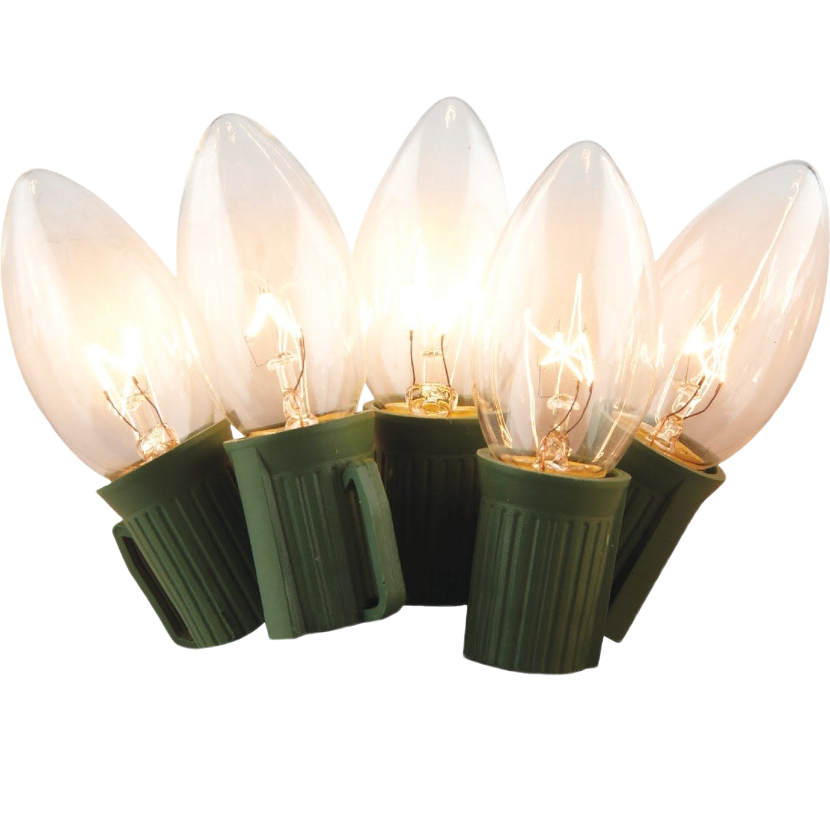 Set of six clear incandescent C9 bulbs with green bases for festive holiday lighting under $50 collections