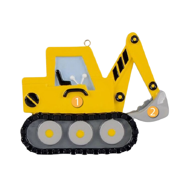 Yellow excavator Christmas ornament with detailed arm and bucket for tree decorations under 50 dollars