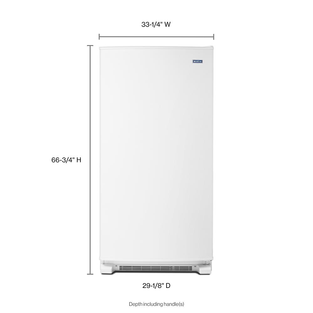 White upright freezer with simple design and dimensions labeled for Freezers & Ice Makers in kitchen appliances collection