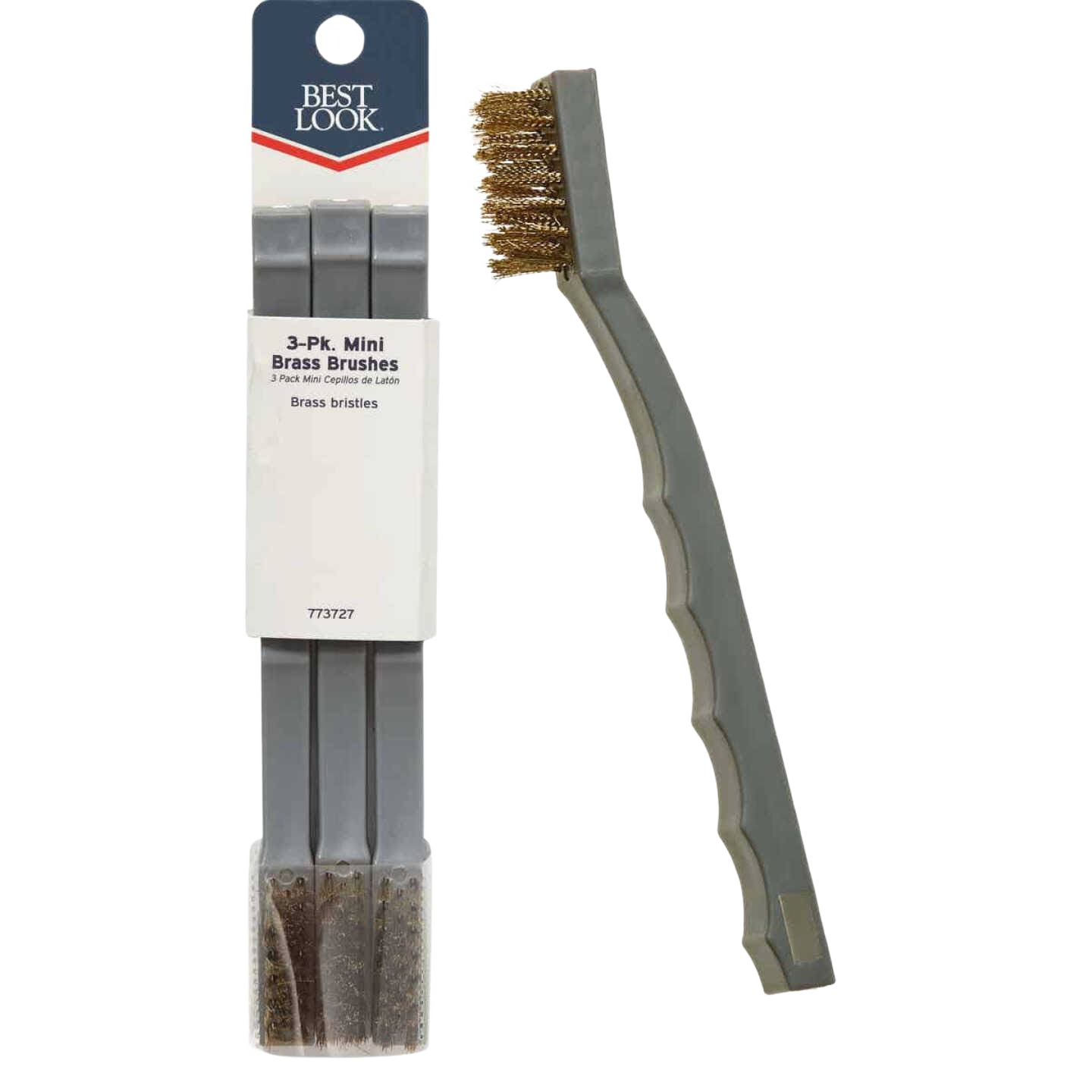 Three-pack of brass bristle mini brushes with gray handles for cleaning tools and home improvement tasks