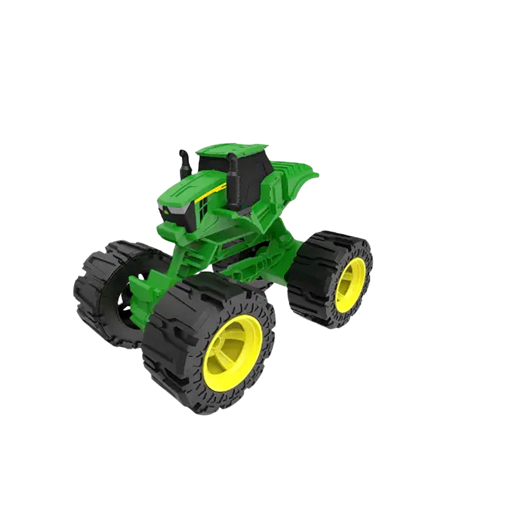 Green toy tractor with oversized black tires and yellow rims for all-terrain play and home improvement fun