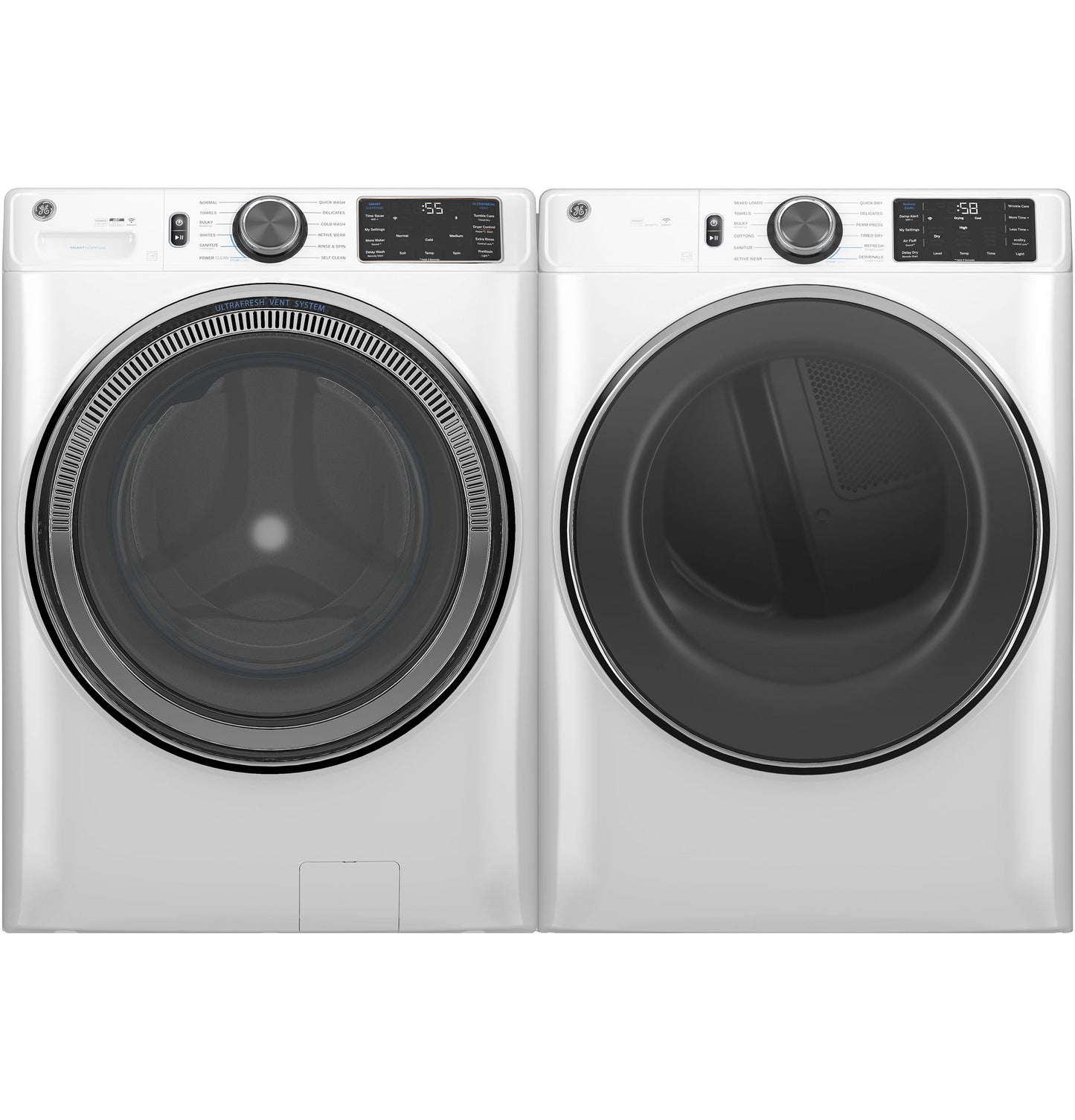 Front load washer and dryer set in white finish with digital controls and large tinted doors for washers and dryers collection