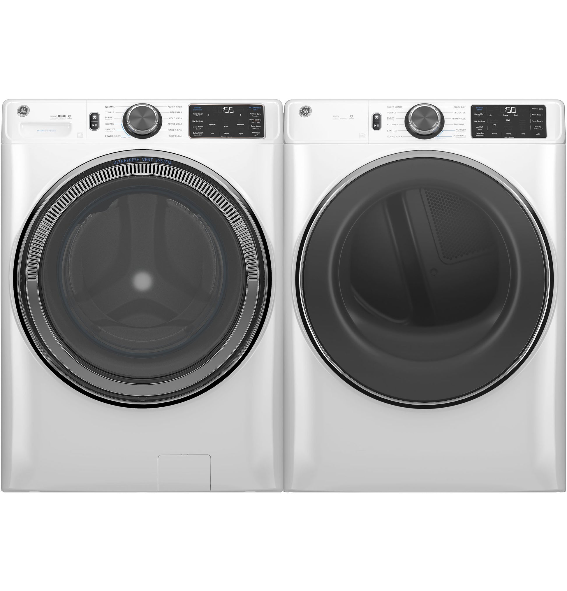 Front load washer and dryer set in white finish with digital controls and large tinted doors for washers and dryers collection