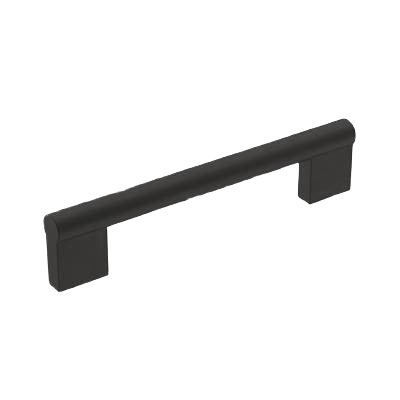 Matte black cabinet pull with 5-1/16-inch center-to-center design for hardware and furniture accessories collections