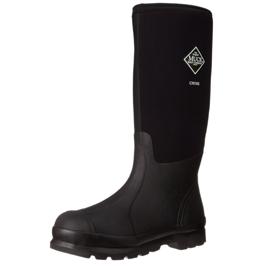 Tall black waterproof chore boot with durable rubber sole for rugged outdoor and home improvement use
