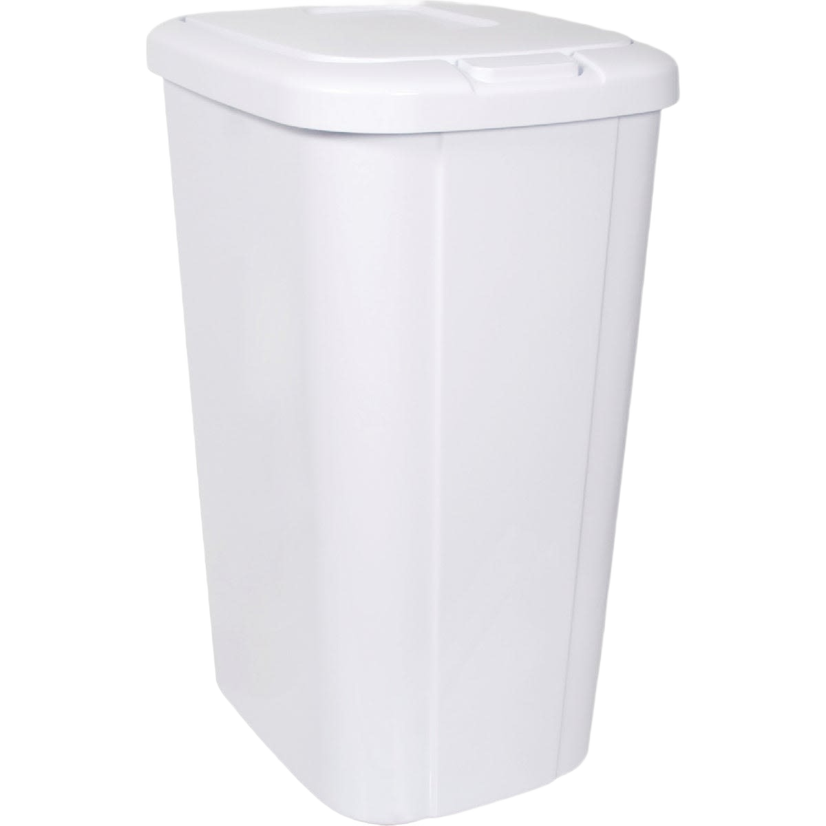 Tall white plastic wastebasket with touch top lid for convenient waste disposal in home improvement spaces
