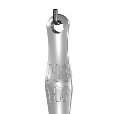 Close-up of polished silver spanner handle with oval hanging hole and engraved ergonomic grip for home improvement tools