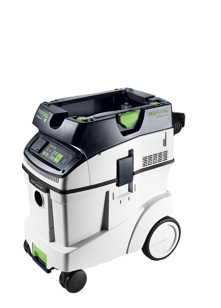 White and black Festool HEPA dust extractor with green accents for woodworking and dust collection tools