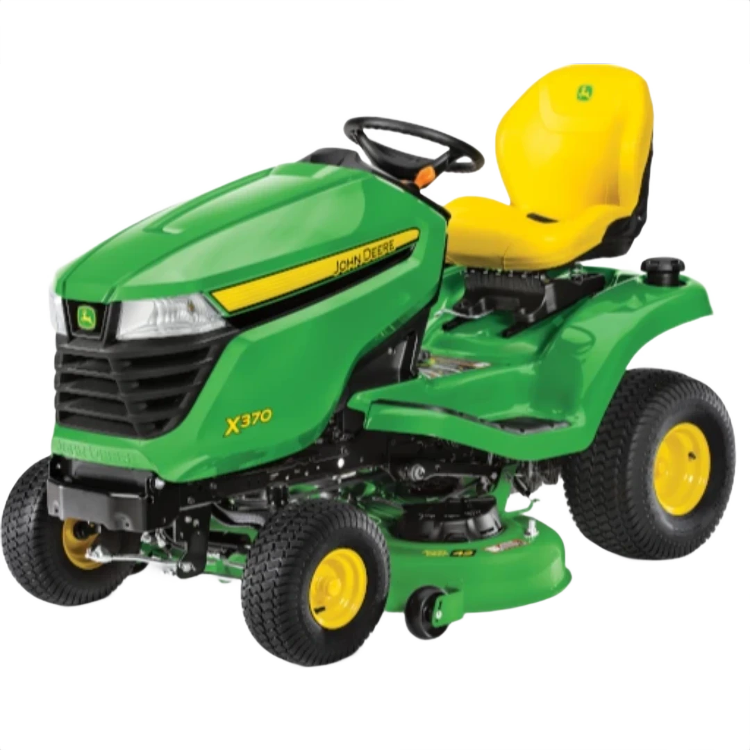 Green and yellow John Deere X370 lawn tractor with 42-inch cutting deck for tools and home improvement use