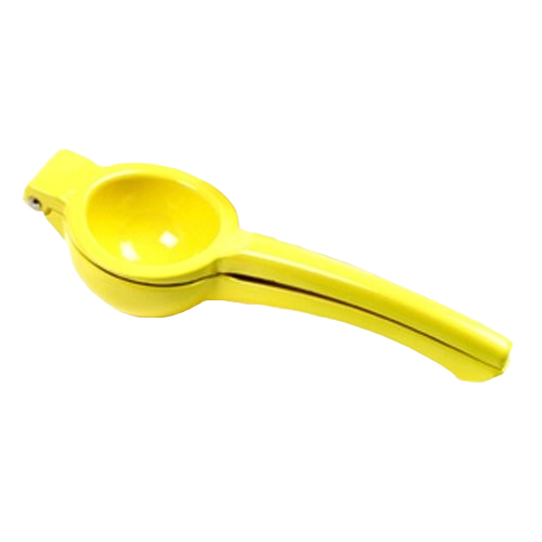 Yellow die-cast aluminum handheld lemon juicer with baked-on coating for durable use in kitchen gadgets and tools collections