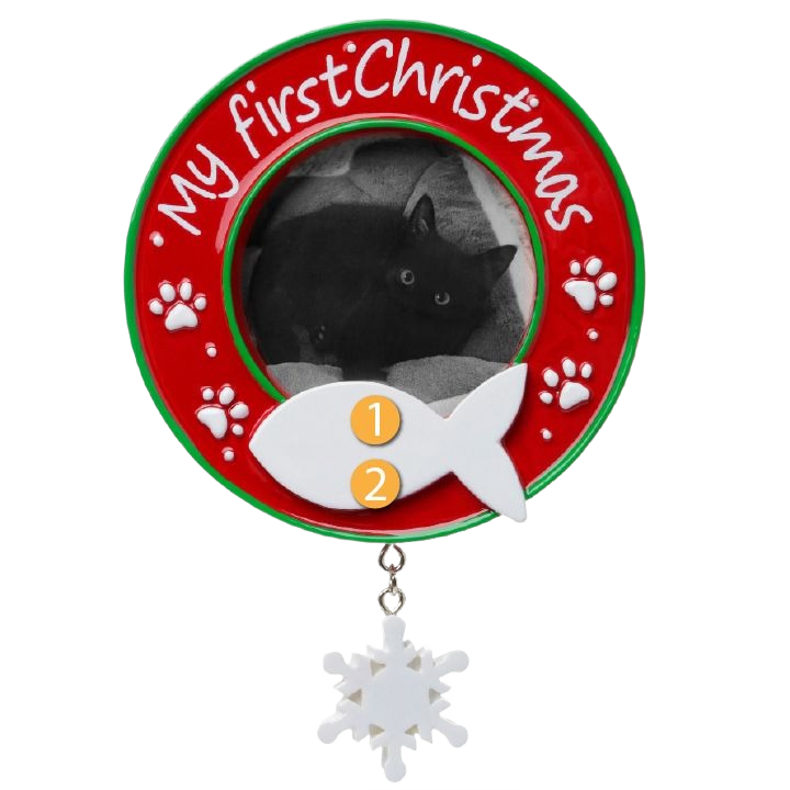 Red circular pet photo frame ornament saying My First Christmas with paw prints and hanging snowflake for Christmas décor under $50