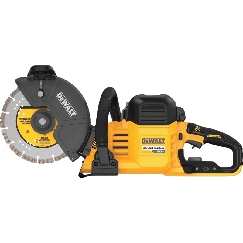 Yellow and black cordless brushless cutoff saw with 9-inch blade for power tool and saw collections in home improvement