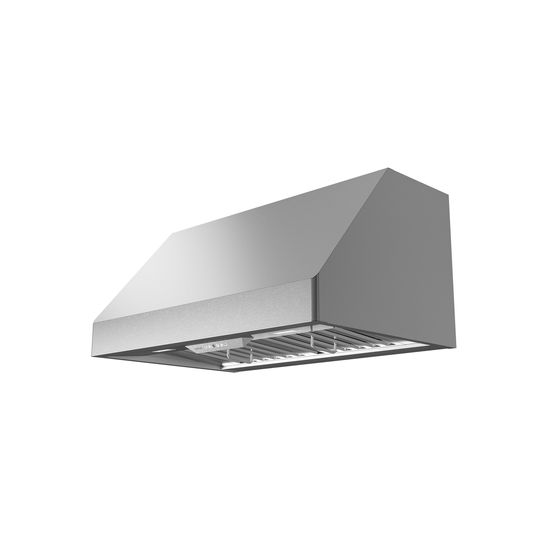 Stainless steel kitchen canopy hood with LED lighting and angled canopy design for home improvement projects