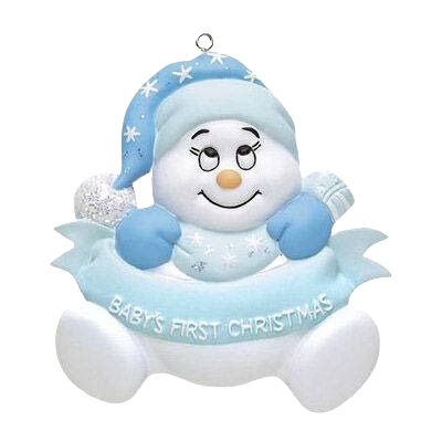 Blue snowbaby ornament with star-printed hat and banner reading Baby's First Christmas for holiday decoration under $50 collection