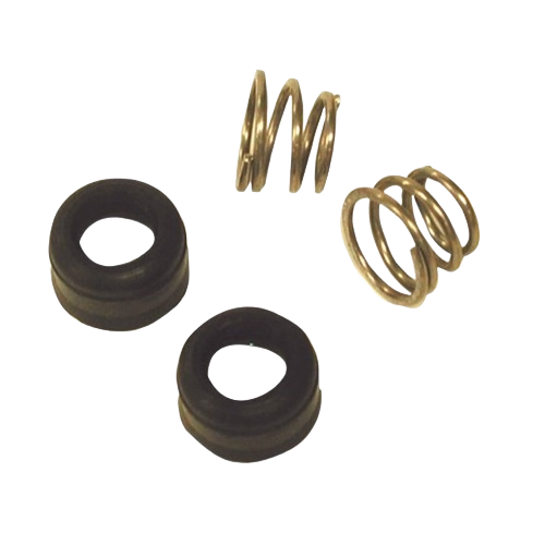 Pair of black rubber cartridge seats with two metal springs for faucet repair and plumbing parts collections