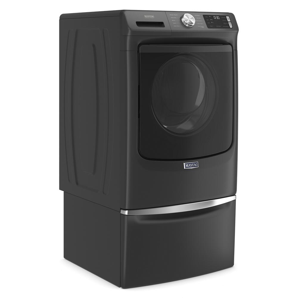 Matte black front load Maytag washer with digital controls and pedestal, part of washers and appliances at Hartville Hardware