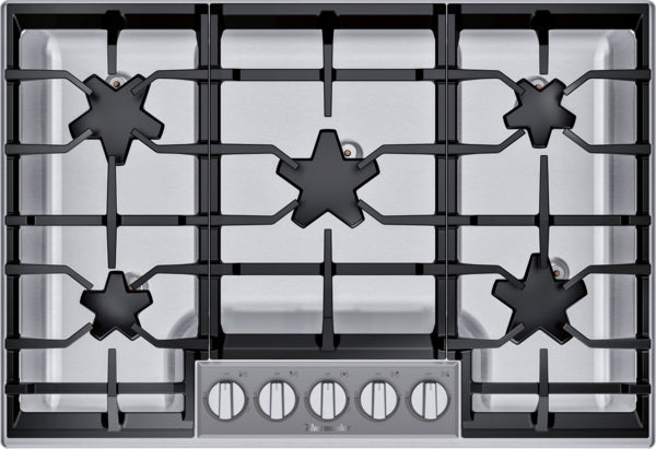 Stainless steel 30-inch gas cooktop with five burners and front push control knobs in kitchen appliances collection