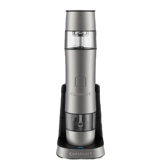 Sleek rechargeable salt and pepper mill in metallic finish with clear compartments and charging base for home use