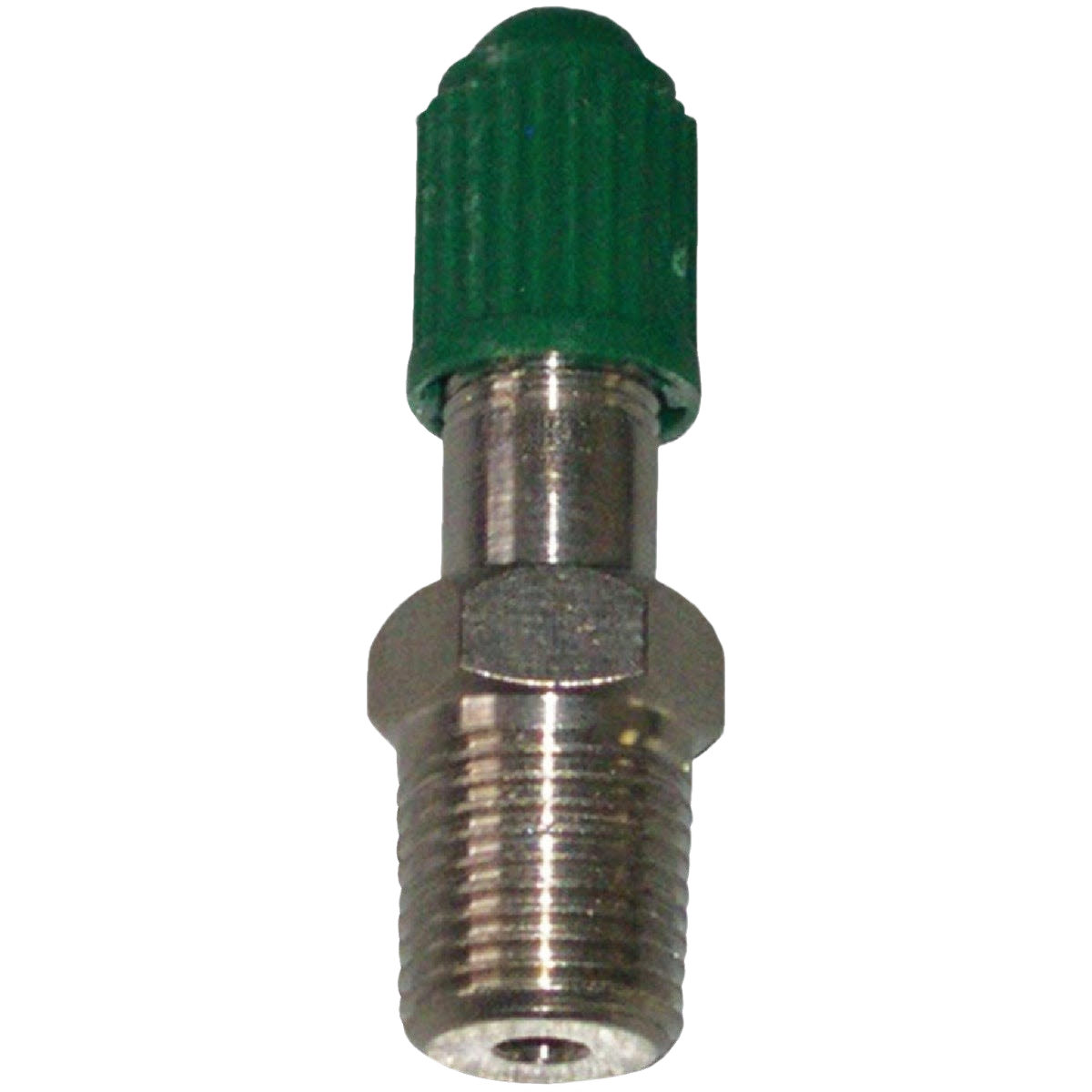 Metal air intake valve with threaded base and green plastic cap for tools and home improvement use