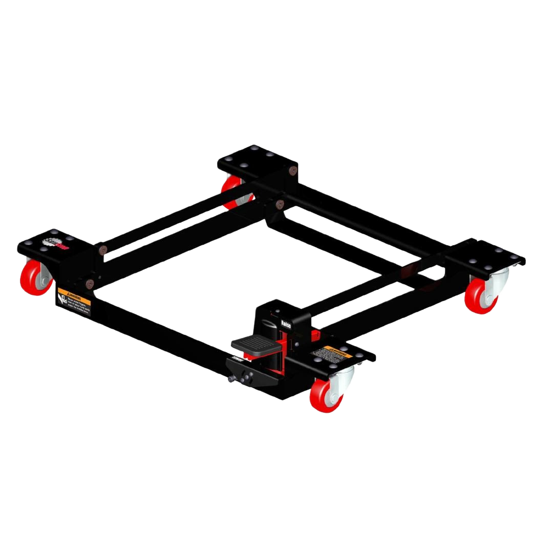 Heavy-duty mobile base with adjustable black steel frame and red swivel casters for workshop organization and woodworking tools