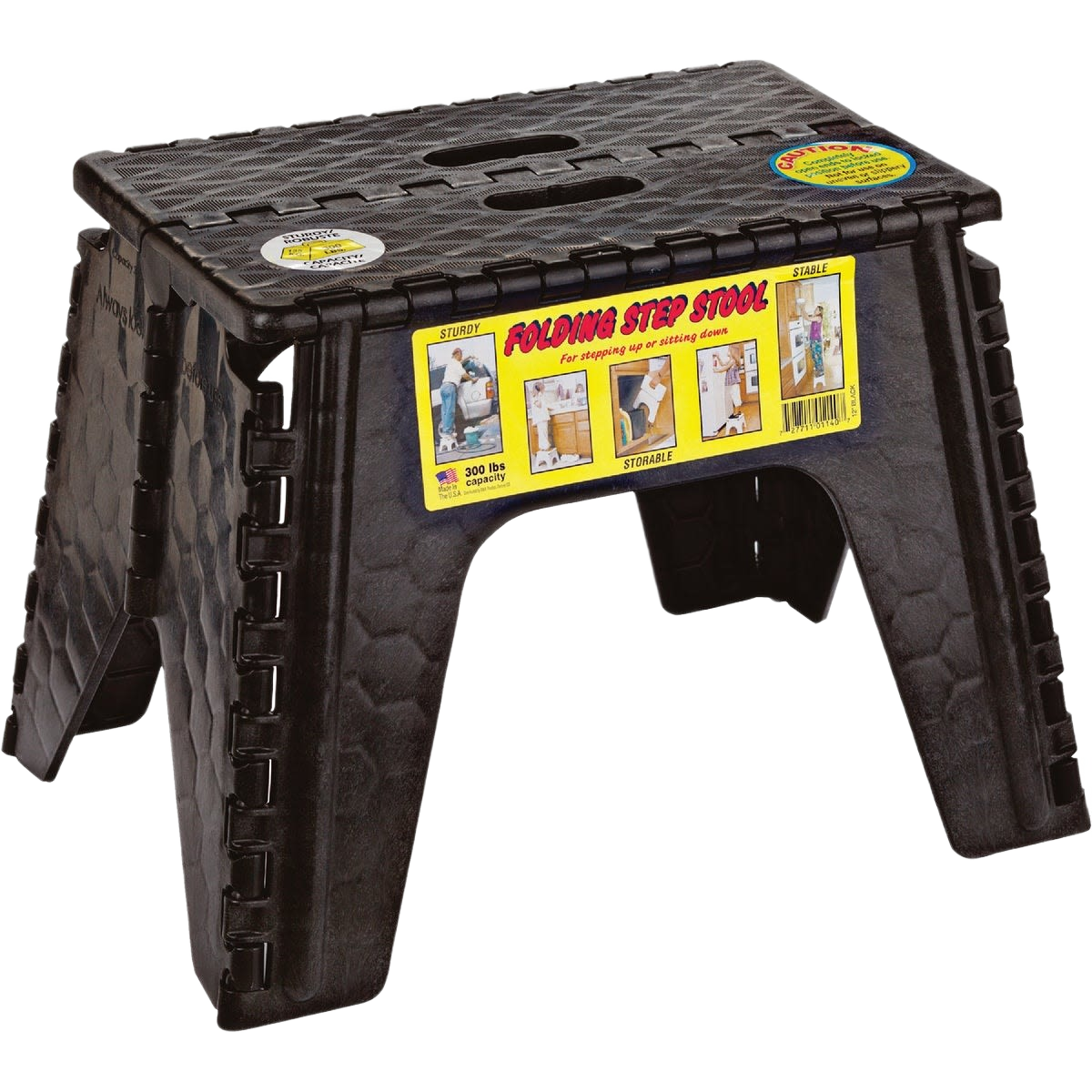 Black folding step stool with textured surface and yellow instructional label, suitable for home improvement tasks under $50 collections