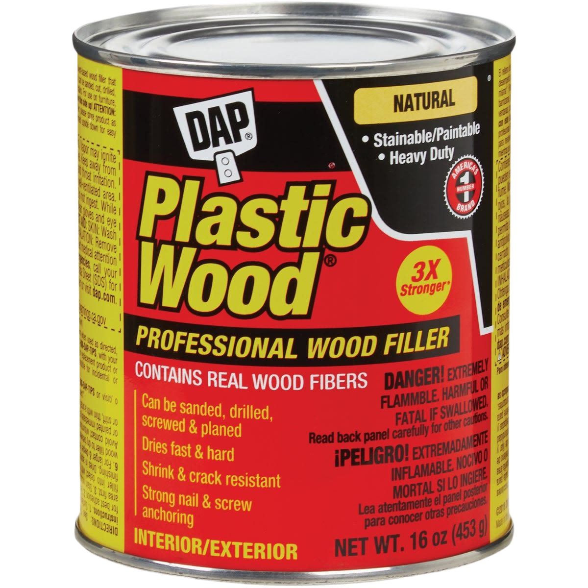 16 oz container of professional natural wood filler with strong, fast-drying formula for interior and exterior home improvement projects
