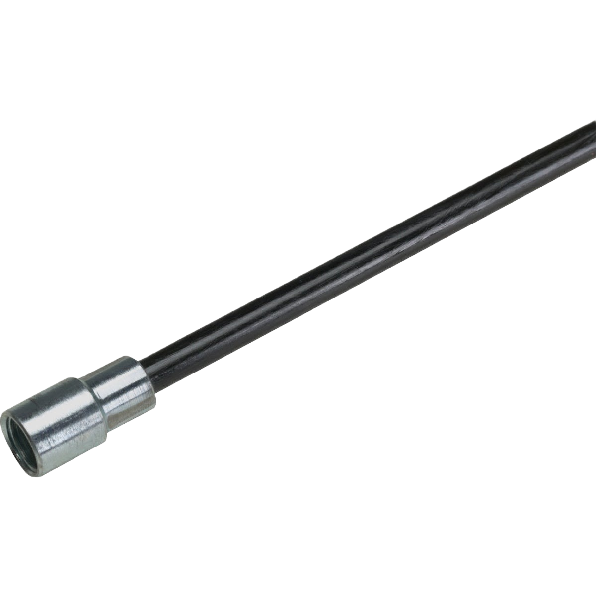Black fiberglass extension rod with metal connector for chimney brush attachment used in home improvement tasks