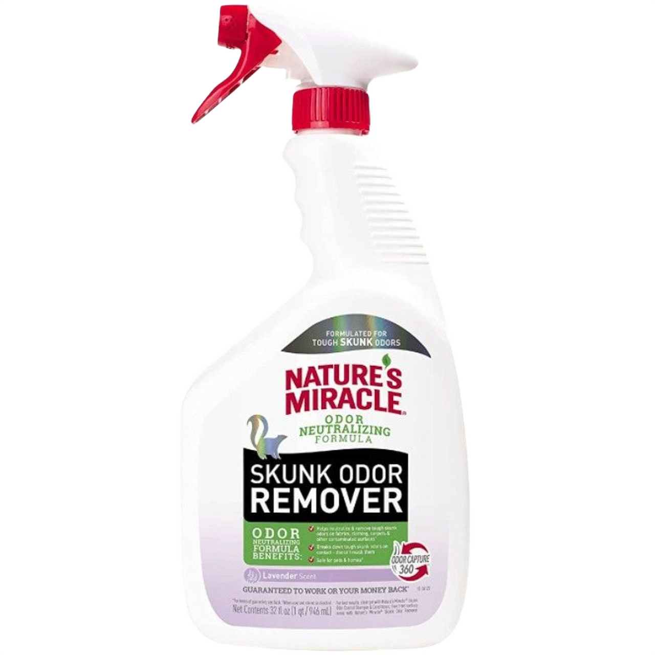 White spray bottle of odor neutralizer with red trigger and lavender scent for home and pet odor removal