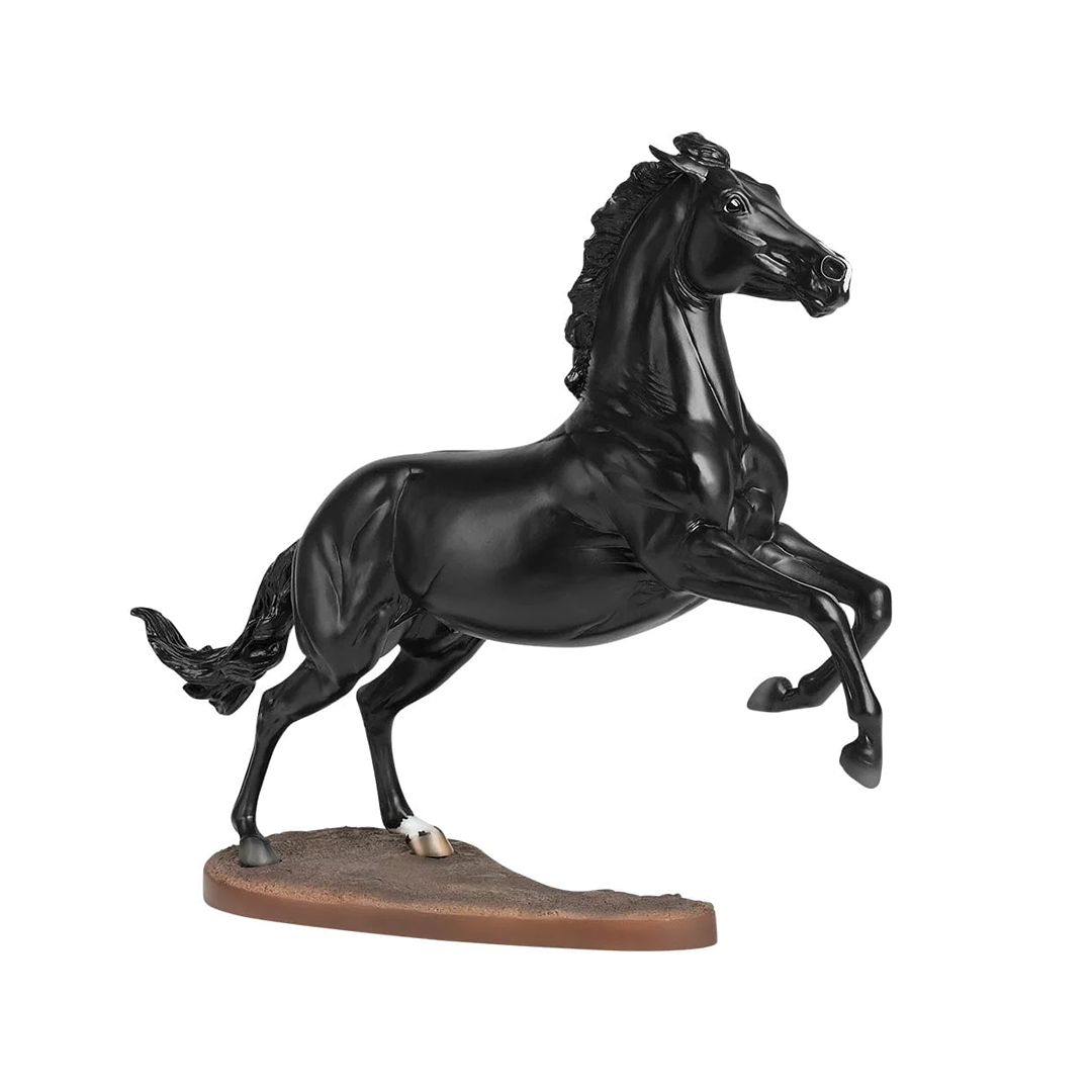 Glossy black model horse rearing on brown base, collectible toy in Breyer Toys and Dolls & Stuffed Animals collections