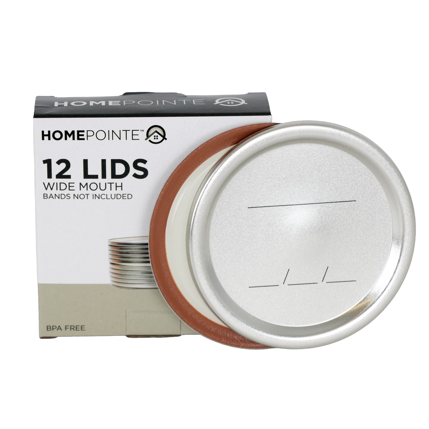 Box of 12 silver-tone wide-mouth canning jar lids with rings not included in kitchenware and home preservation tools collection