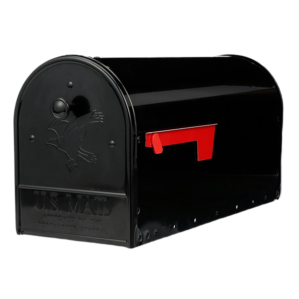Black metal mailbox with red flag and embossed bird detail for outdoor tools and home improvement use