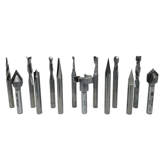 Set of 14 metal CNC router bits in polished steel for wood, plastic, and aluminum in tool accessories collections