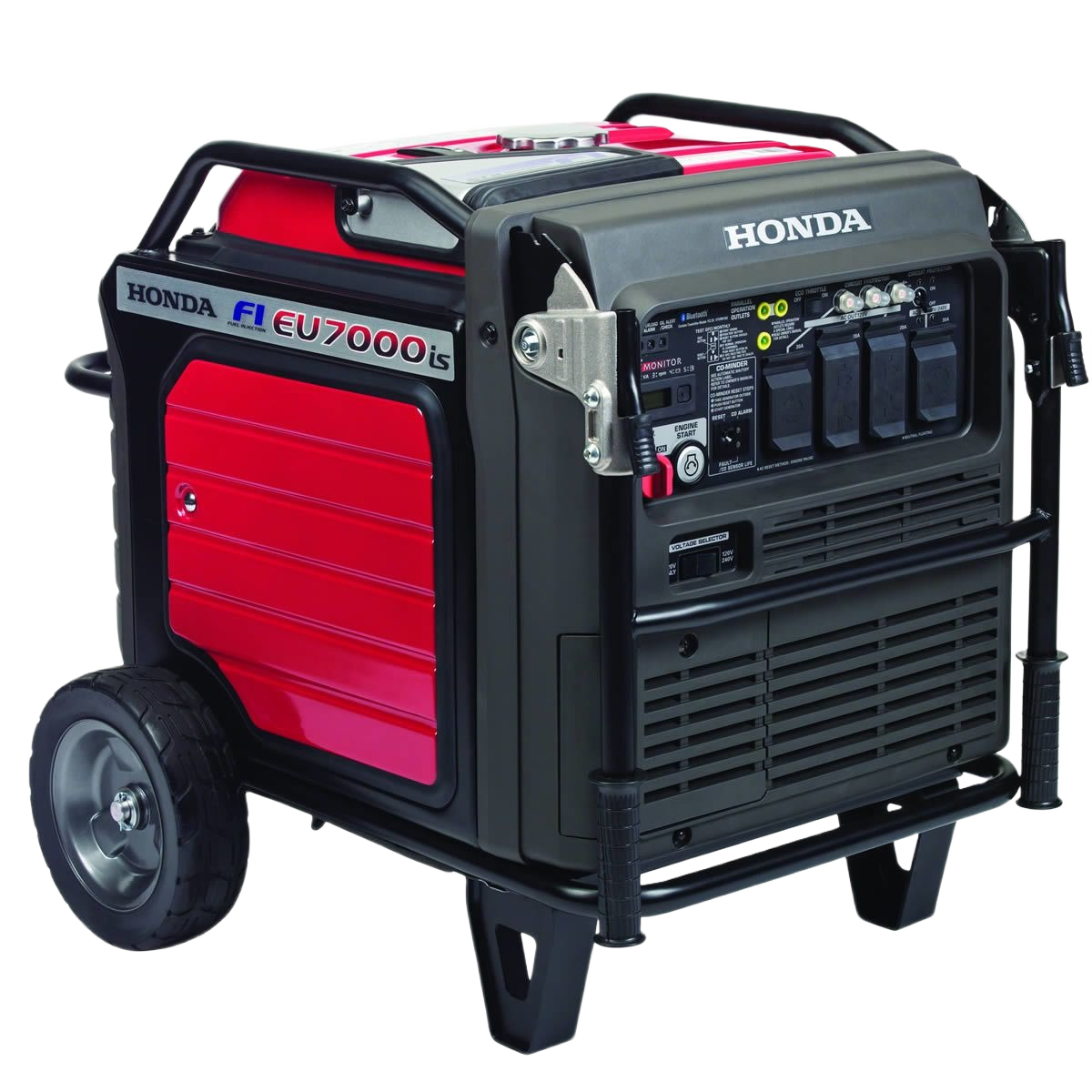Portable red and black inverter generator with multiple outlets and wheels for home improvement and tool use