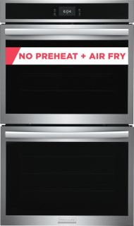Stainless steel double electric wall oven with digital display and convection features for kitchen and appliance collections