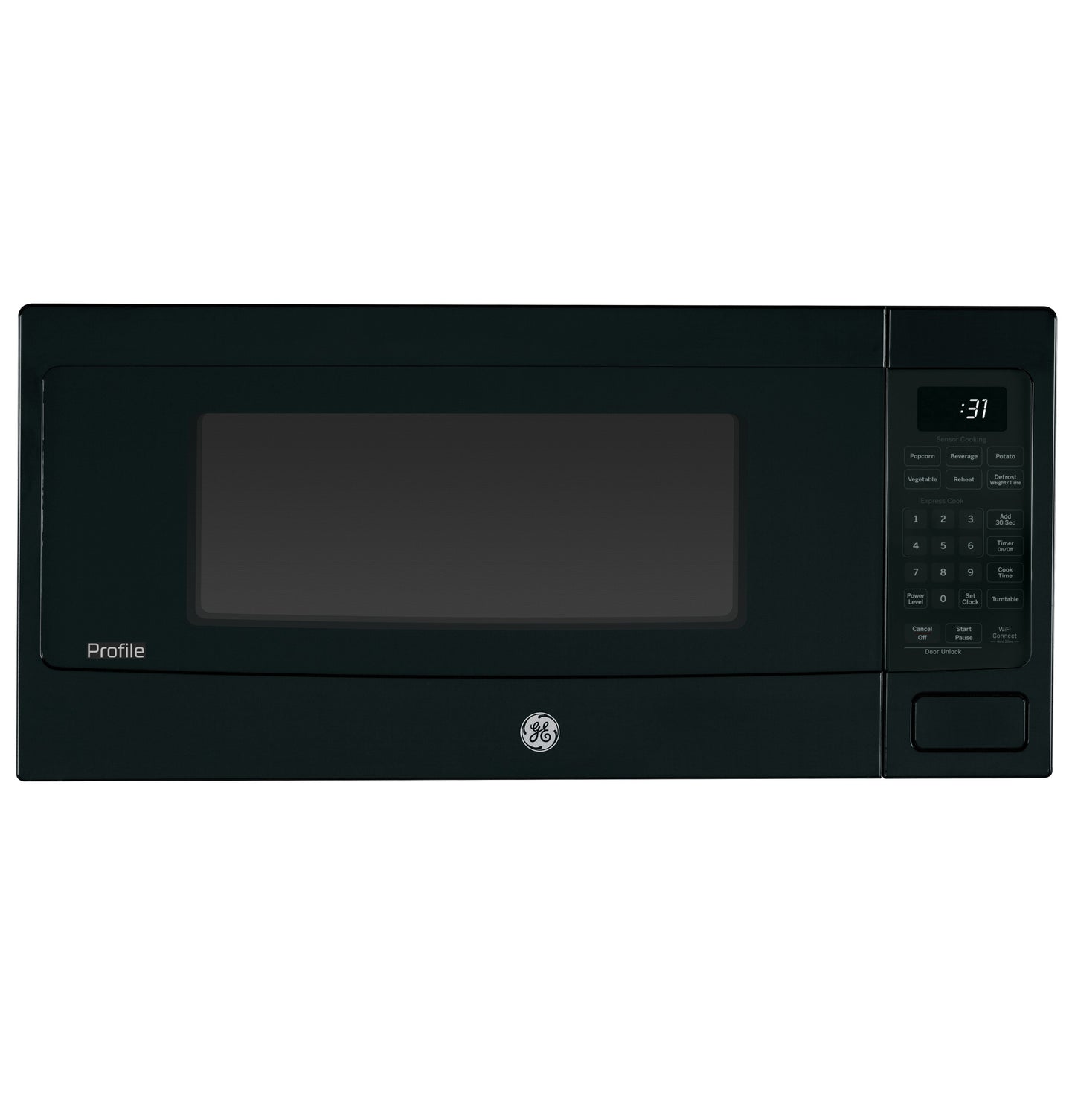 Black countertop microwave oven with digital keypad and timer display for kitchen and appliance use
