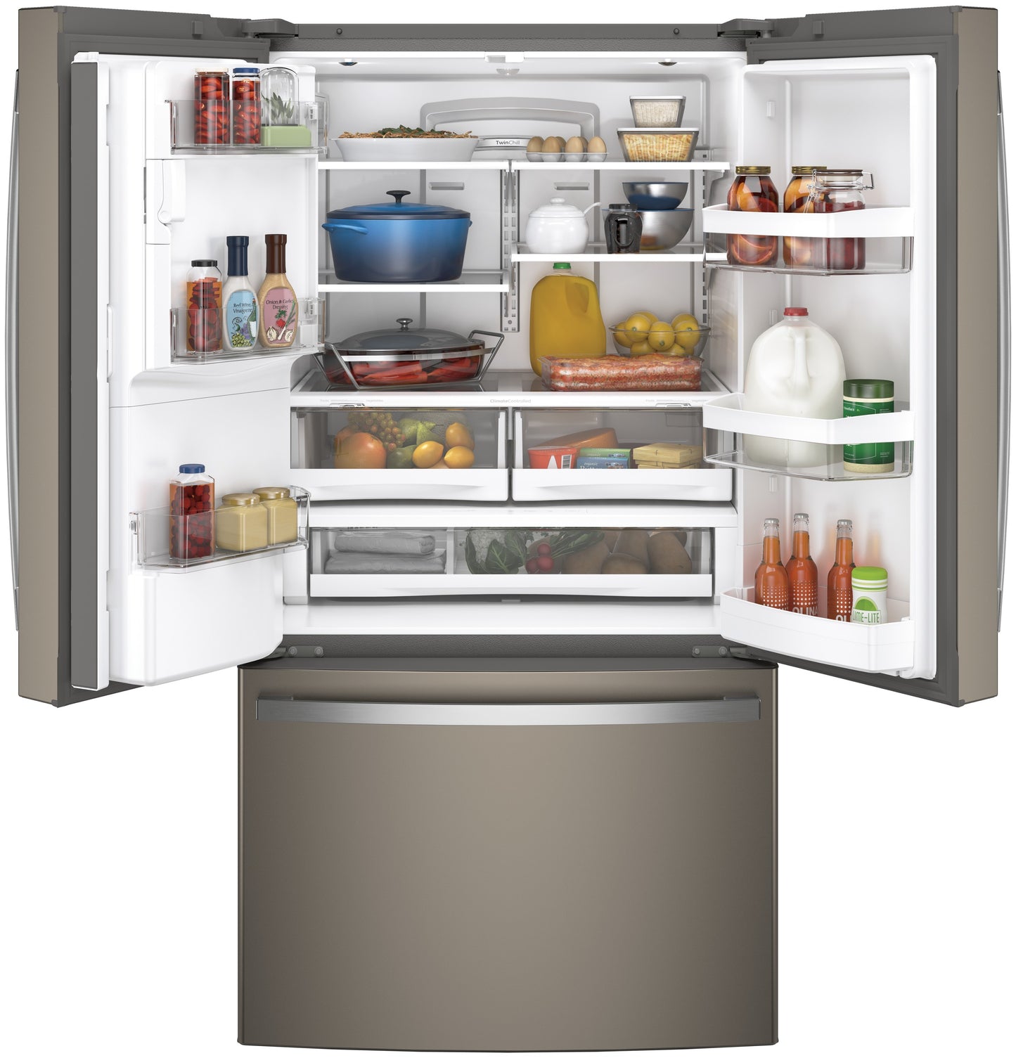 French-door refrigerator in stainless steel with spacious interior filled with organized food and beverage items in kitchen appliances collection