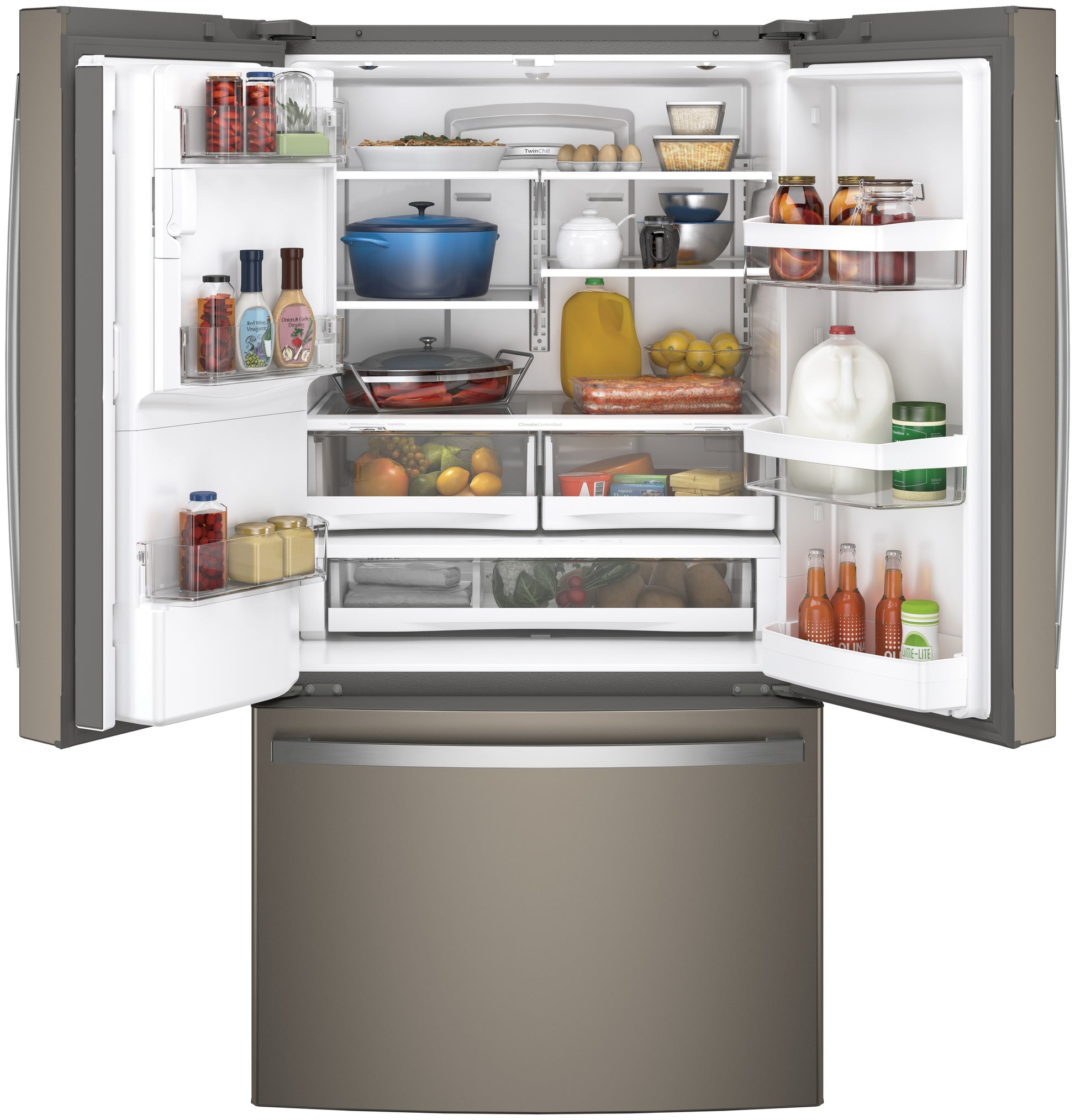French-door refrigerator in stainless steel with spacious interior filled with organized food and beverage items in kitchen appliances collection