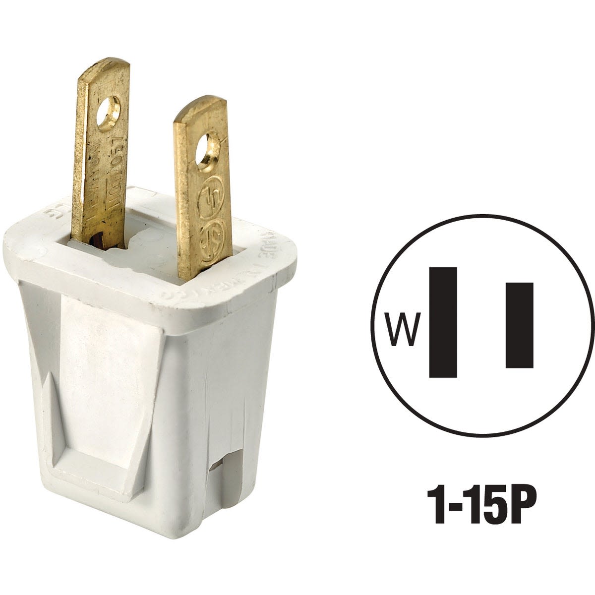 White 10A 2-pole non-grounding cord plug with brass prongs for electrical and home improvement projects under $50