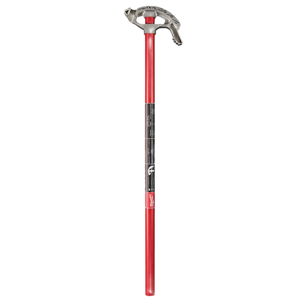 Red aluminum conduit bender with metal head designed for bending EMT conduits in home improvement projects