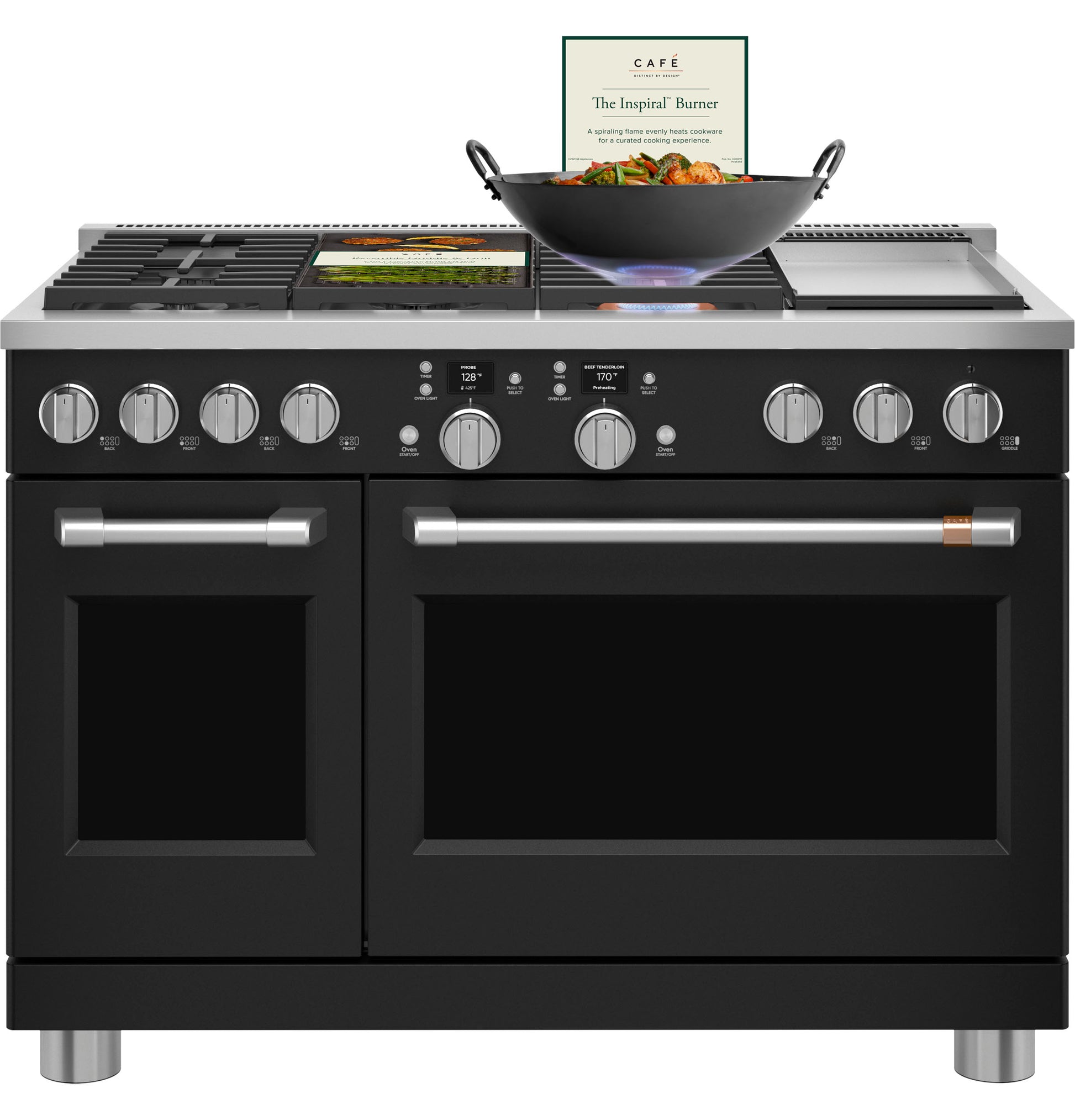 Black dual-fuel range with six burners, griddle, digital display, and stainless steel handles in kitchen appliances collection