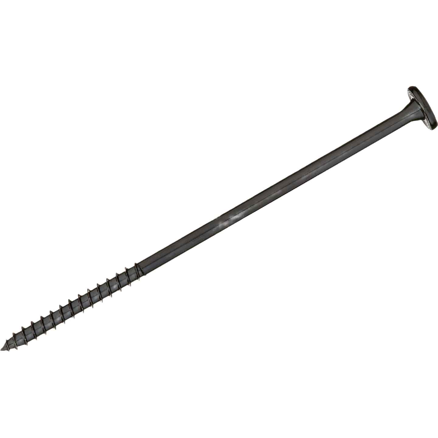 Long black coated screw with round head designed for lumber and building fastener applications under fifty dollars