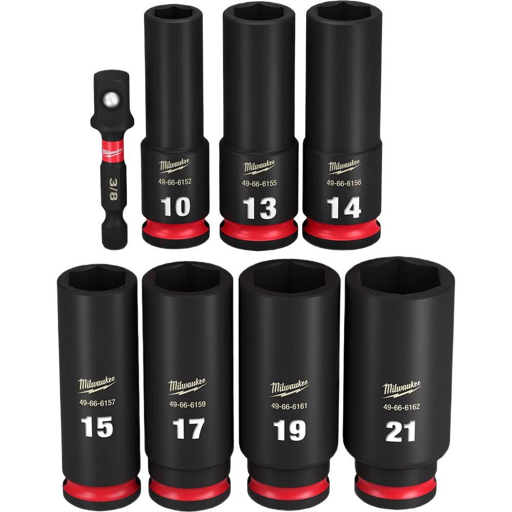 Set of eight black impact sockets with metric sizes and red trim, designed for heavy-duty woodworking and home improvement tools.